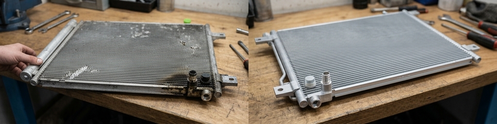 Zamena i detalj dela — Pregled hladnjaka klime sa tragovima kvara na Mercedes C Class W204 / W205